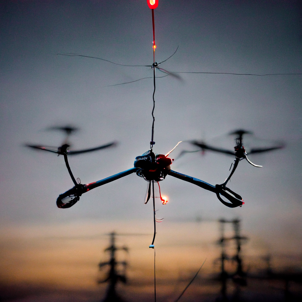 A fuzzy iamge of a quadrotor and some powerlines